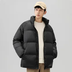 Chaqueta de plumón de gama alta para hombre, chaqueta de pan gruesa de felpa de color sólido, cuello de pie, tendencia superior cálida, invierno, nuevo, 2023