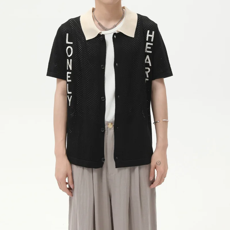 2025 Summer men's American letter embroidery retro color blocked lapel hollow out casual versatile knitted short sleeved top