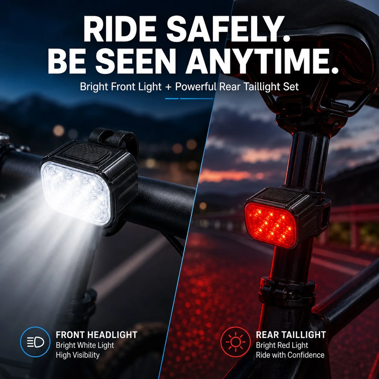 USB Rechargeable Bicycle Led Light, High-Brightness Multi-Bead Front White Light, High-Visibility Red Tail Light, Multiple Lighting Modes, Waterproof Body with Silicone Strap and Quick-Release Design, Warning Lighting Equipment for Mountain Bikes and Road Bikes for Night Riding, Available as Single Front Light, Single Tail Light, or a Complete Set of Front and Rear Lights