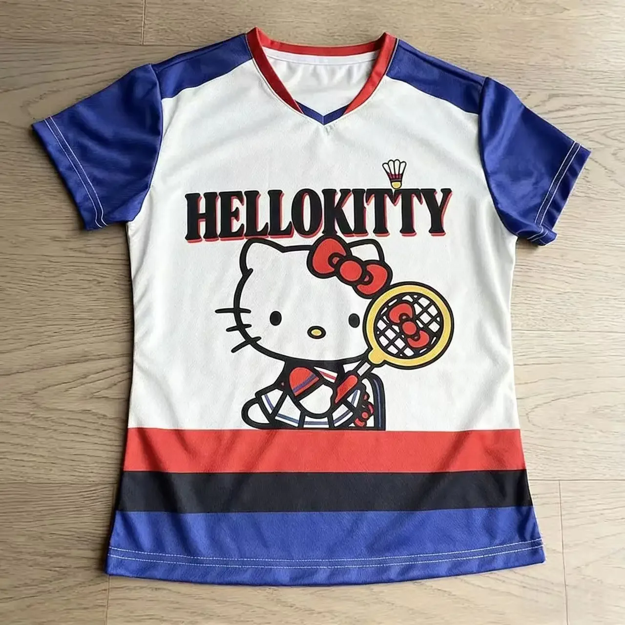 2026 Summer Hello Kitty Red and Blue Color Badminton Theme 3D Printed Oversize Loose T-shirt Adult Children Parent-child Top Y2k