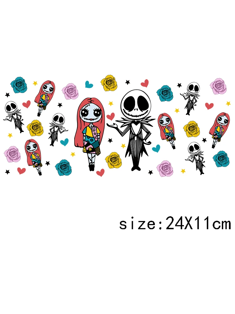 1 pz spettrale scheletro dolce Jack e Sally DTF Sticker Transfer Sticker Logo 16OZ Libbey Tumbler decalcomania UV DTF Cup Wraps Halloween