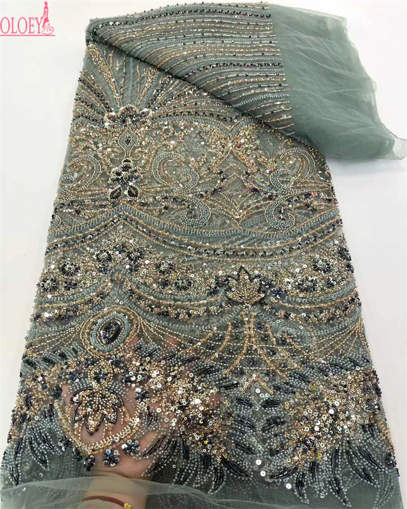 OLOEYUltimo tessuto di pizzo africano con paillettes Tessuto di maglia con perline ricamate in pizzo di alta qualità 5 metri per le donne Festa di nozze Dre