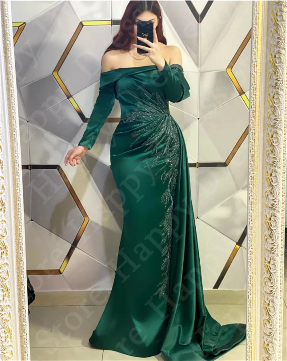 Green Boat Neck Formal Evening Dresss New Off-Shoulder Long Sleeves Beads Party Dress Custom Mermaid Satin Women Reception Dress