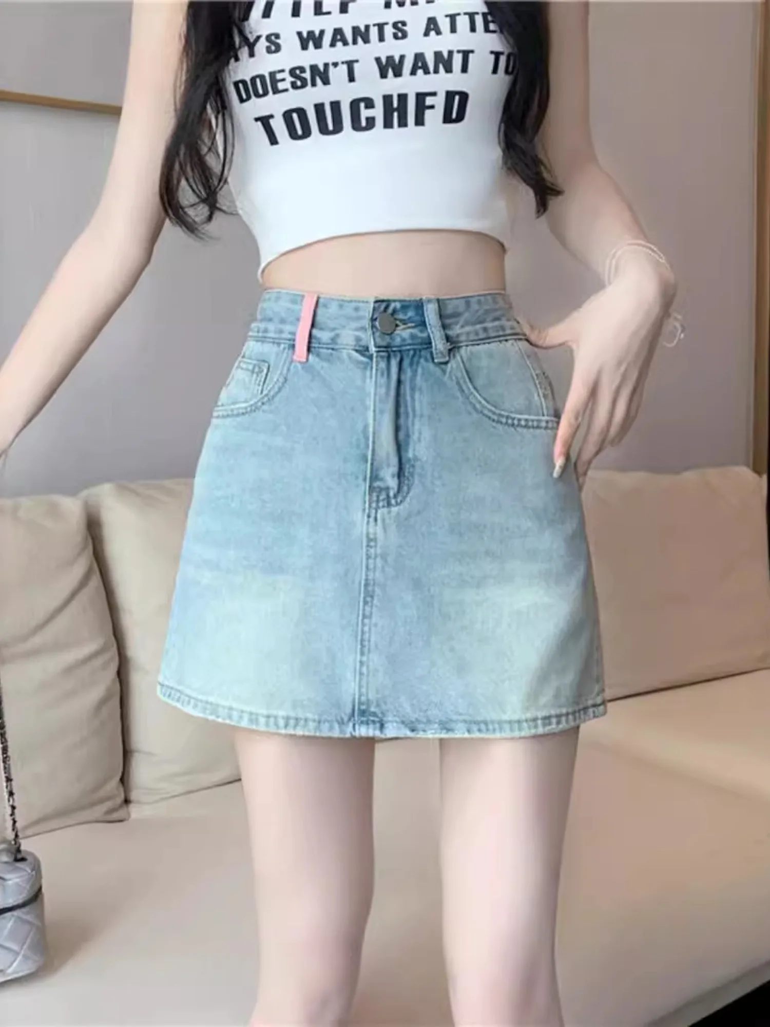 Women's Vintage Washed Denim Skort High Waist Contrast Pocket Skirt with Built-in Shorts Pink Webbing Detail Light Blue XS-3XL view 4