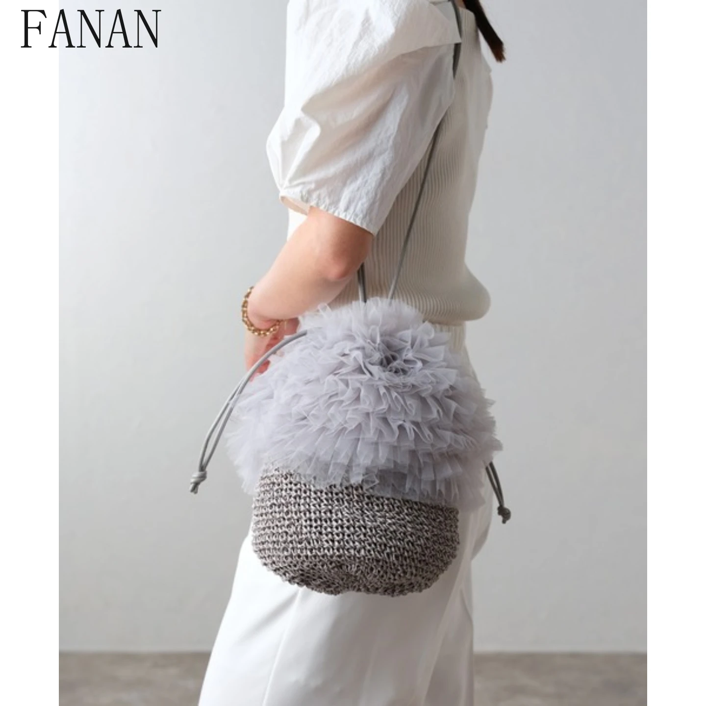 

Fashion Women's Crossbody Shoulder Bags Japanese Style Sweet Tulle Lotus Leaf Edge Casual Drawstring Basket Bag 2025 New