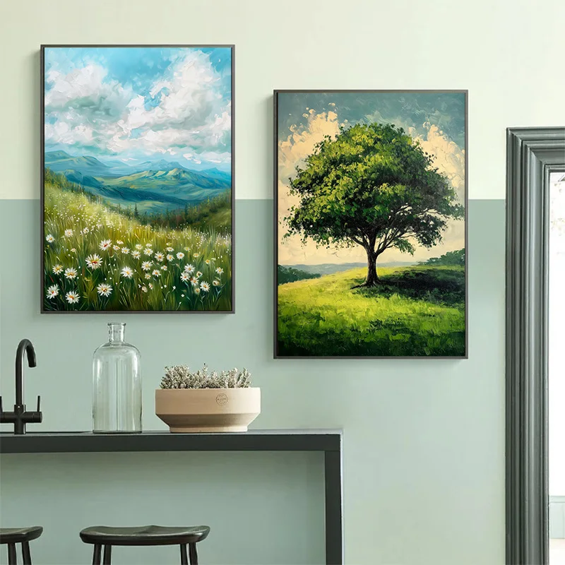 Red Poppy Wildflower Golden Wheat Field  Oak Tree in Meadow Poster Summer Canvas Painting Print for Living Room Home Decor