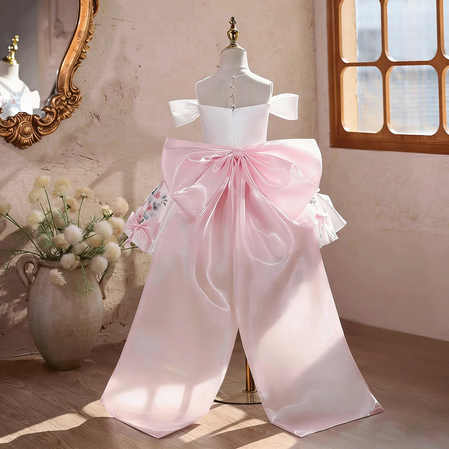 Jill Wish J883 White Flower Girl Dress Off-Shoulder Floral Embroidery Big Bows High-Low Train Kids Wedding Party Dress Girls