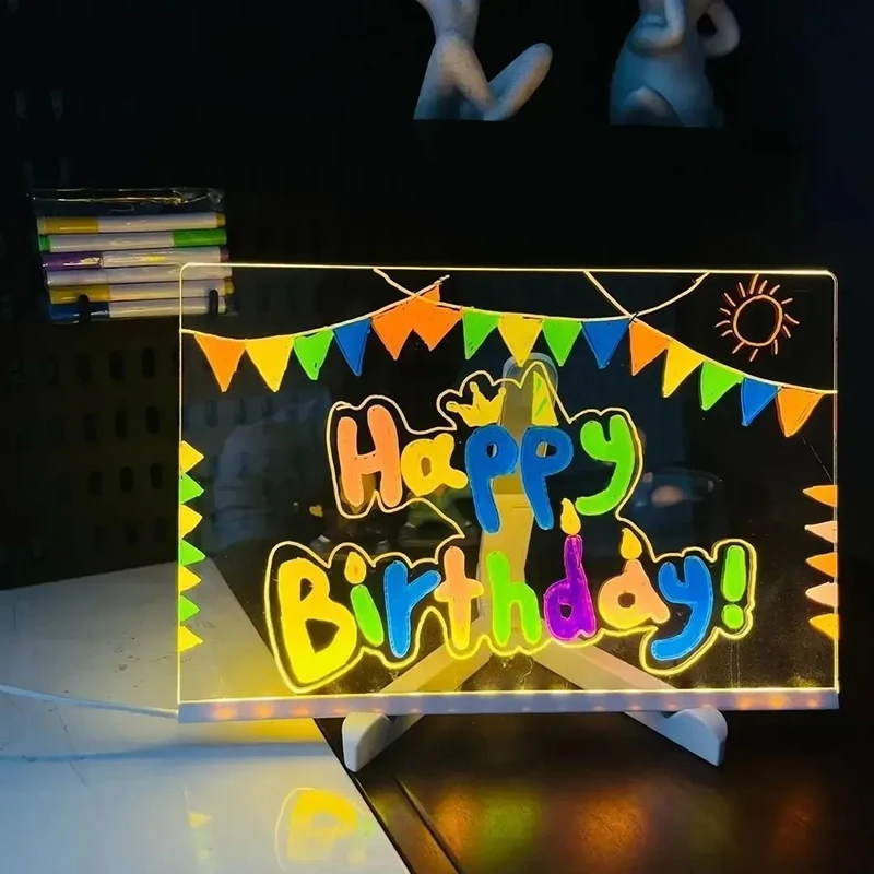 Transparentes, leuchtendes Zeichenbrett aus Acryl, leuchtendes, löschbares Memo-LED-Magic-Board, DIY-Spielzeug für Kinder, mit 7-Farben-Markierungsstift und Ständer – Detail 1