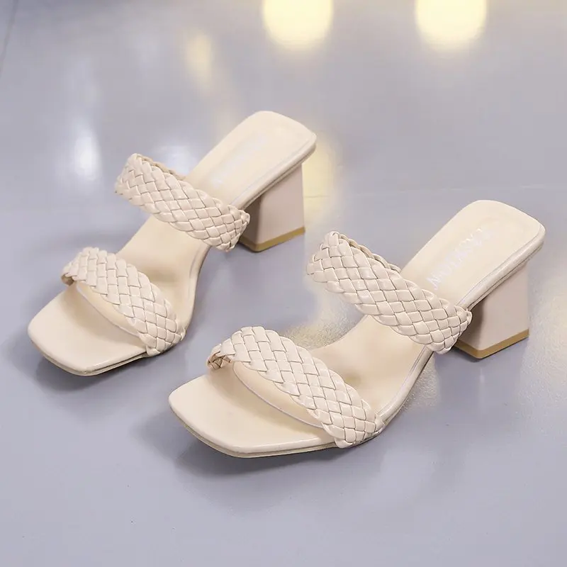 Wear Fairy Wind Woven Large Size Sandals and Slippers Women\'s 2024 Summer New Thick Heels Gentle Wind High Heels Women