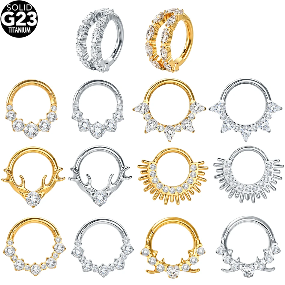Septum Clicker Ring - 5個入り チタンジルコン製ノーズフープリング ヒンジ付きセグメントリング セプタムクリッカー 耳軟骨リングクリップ ボディピアスジュエリー
