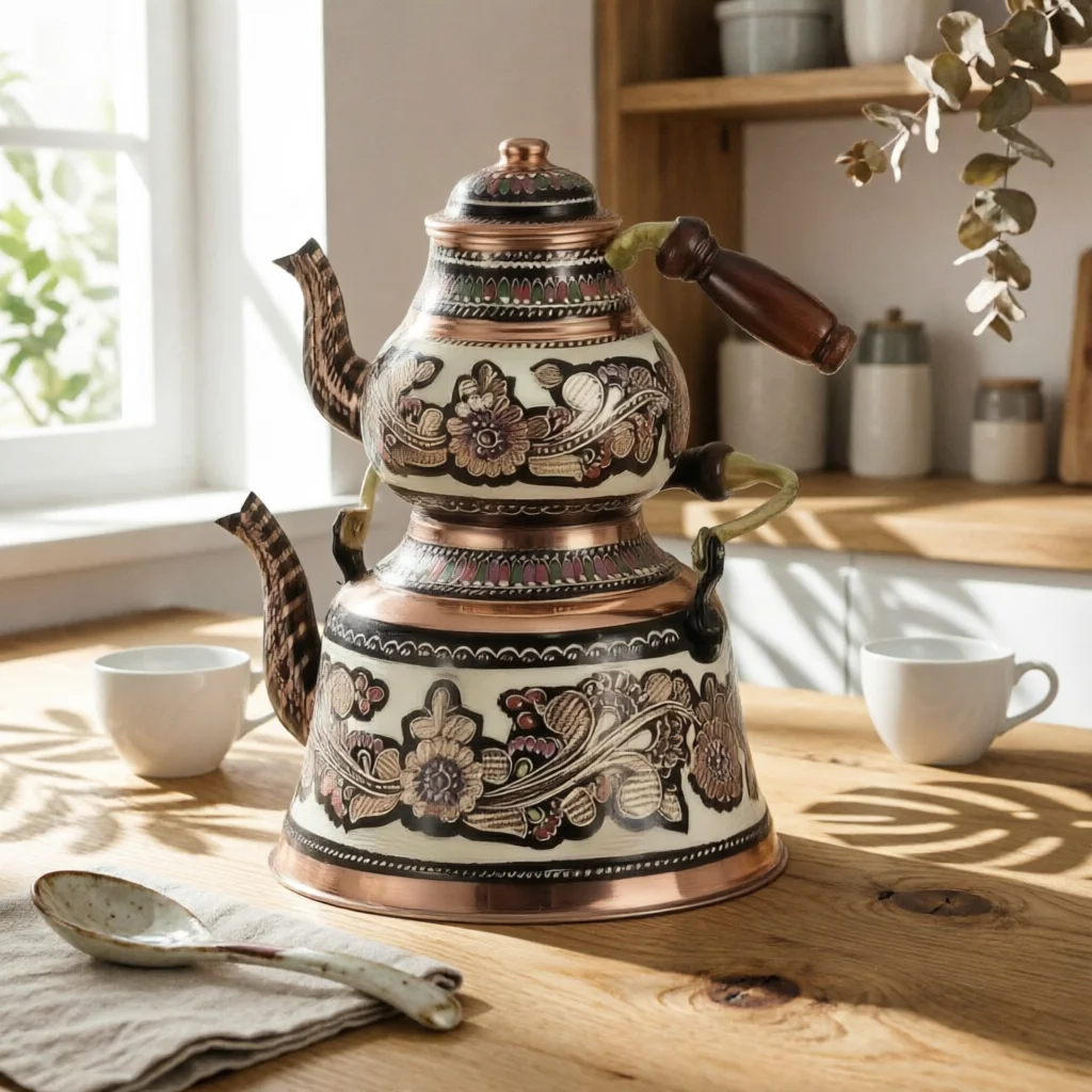 2 Pieces Nested Lidded Teapots Floral Engraving Violet-Hued Copper Teapots Teapot Set Handmade Decorative Item Curved Spout