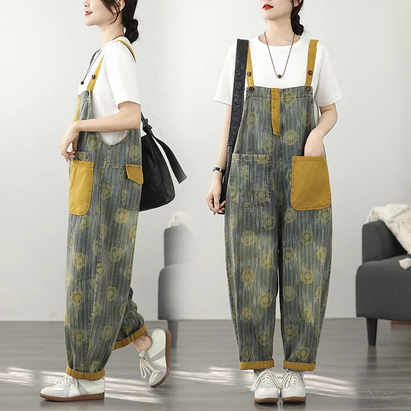 

Fashion Printed Floral Denim Overalls Women's Personality Large Pockets Jumpsuits Retro Loose Versatile Jean Lantern Pants
