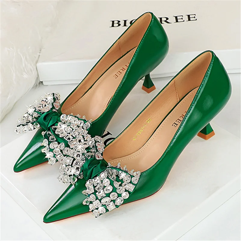 Women 5.5cm High Heels Green Rhinestone Butterfly Knot Pumps Lady Plus Size 34-43 Wedding Low Heels Evening Party Bow Pink Shoes