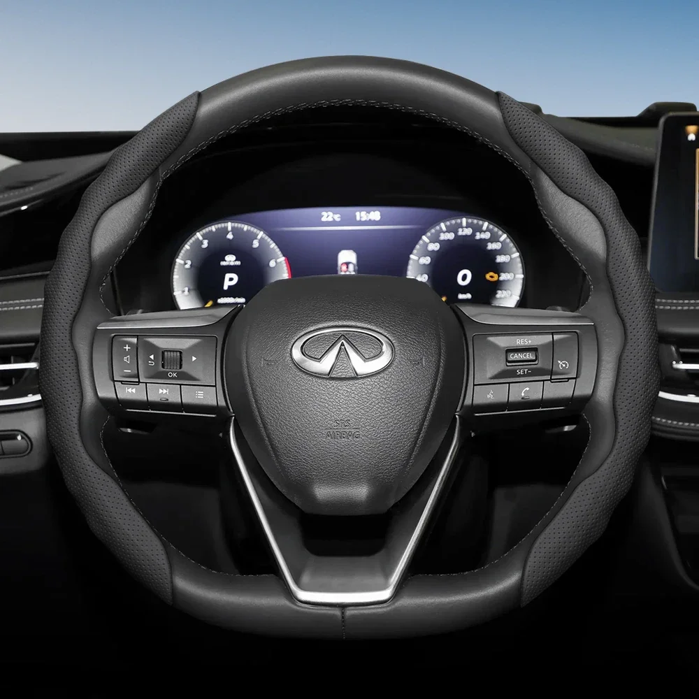 Steering Wheel Cover with Wave-Shaped Sport Design, Breathable Leather, Segmented, Non-Slip, Sweat-Absorbent, Suitable