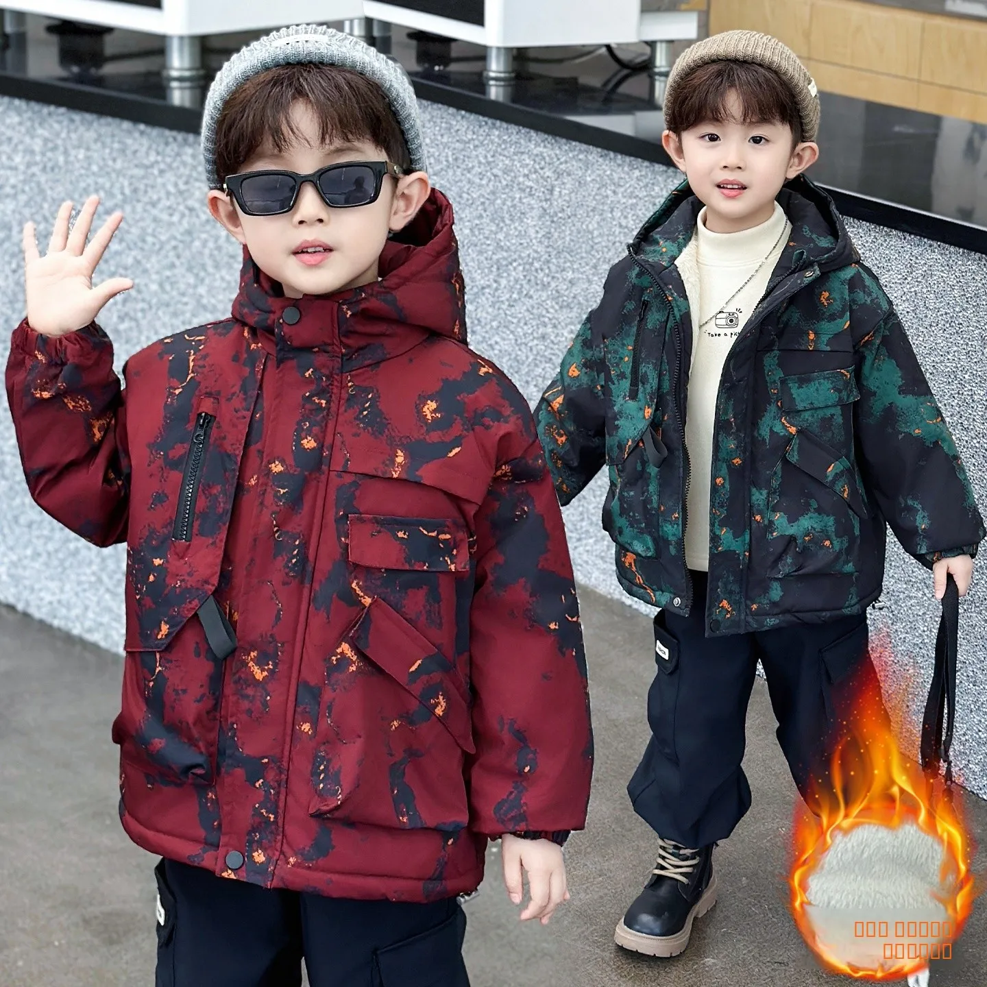 

Thiened Fce Hooded Parka Jaet for Boys Warm Autumn Winter Cotton Clothes Stand Fit Long Sve Zipper Closure Pure ...