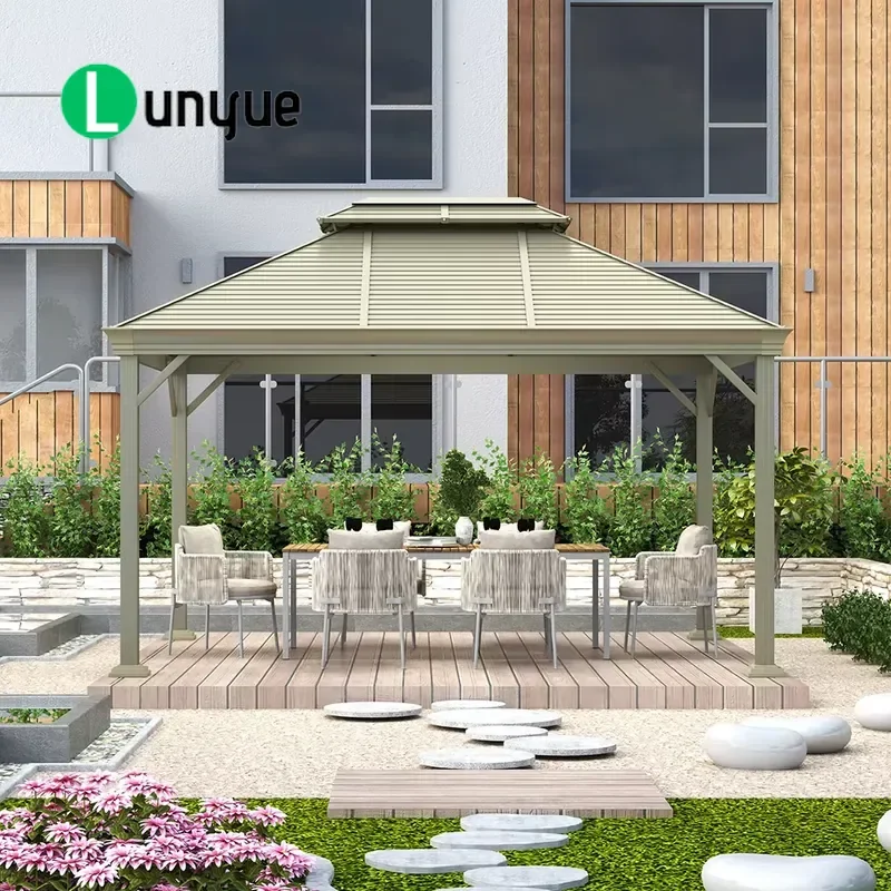 Modern Gold Frame Outdoor Pool Gazebo 3x4m Hard Top with Gutter Anti-corrosion Waterproof Patio Garden Canopy Shelter