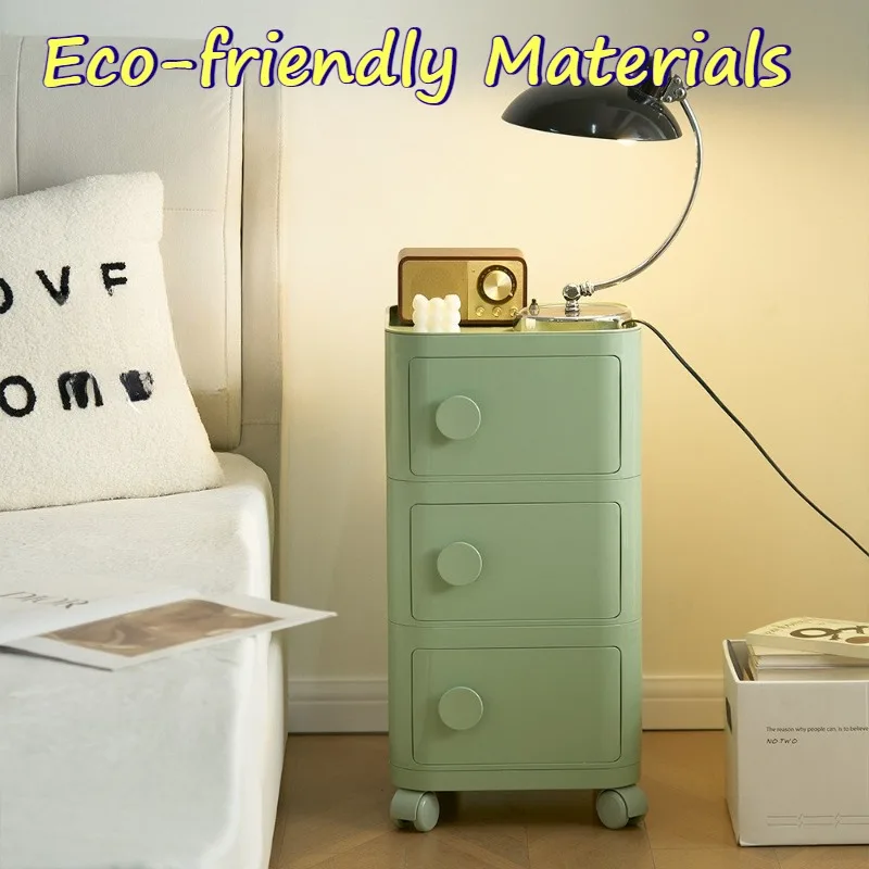 Movable Bedside Nightstand with Wheels Durable Eco-friendly Drawer Side Table Soft Cream Large Storage Bedroom Furniture