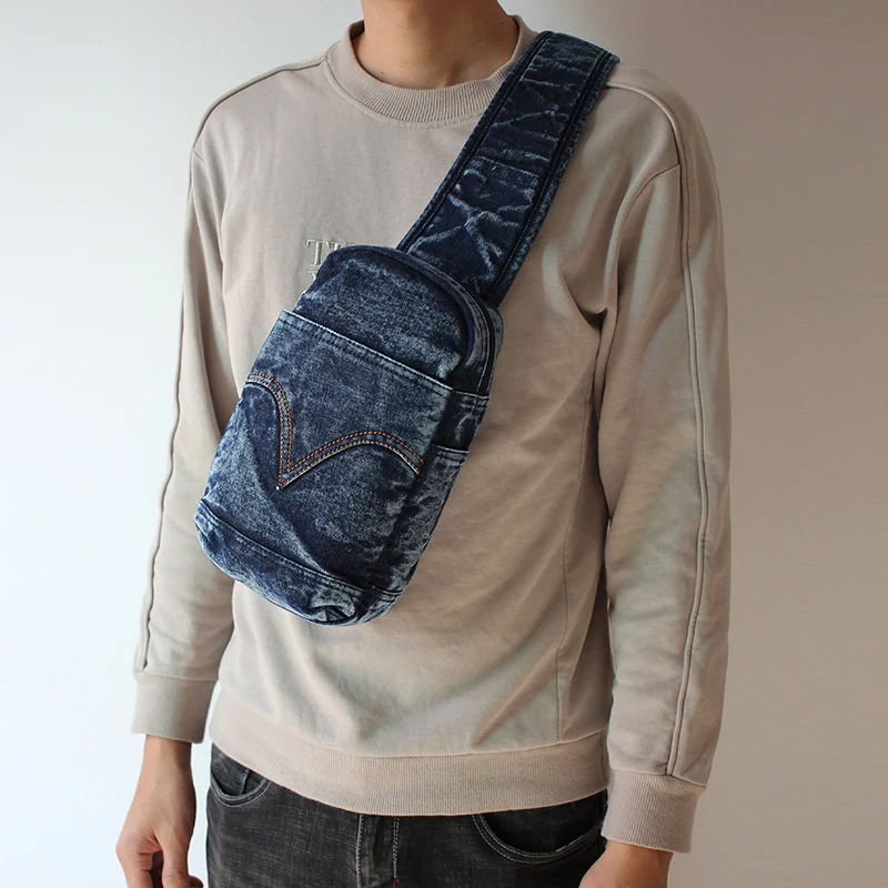 

New Denim Crossbody Bag Unisex Casual Sporty Fashionable Street Style Zipper Closure Soft Polyester Medium Size
