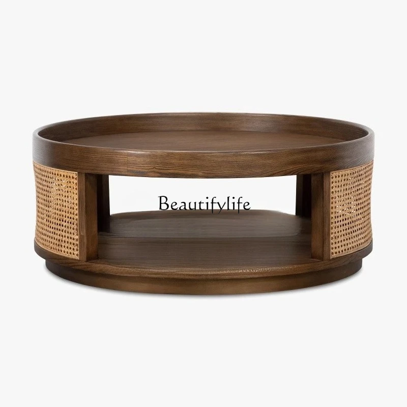 

French simple solid wood woven rattan round coffee table, medieval style living room small apartment tea table