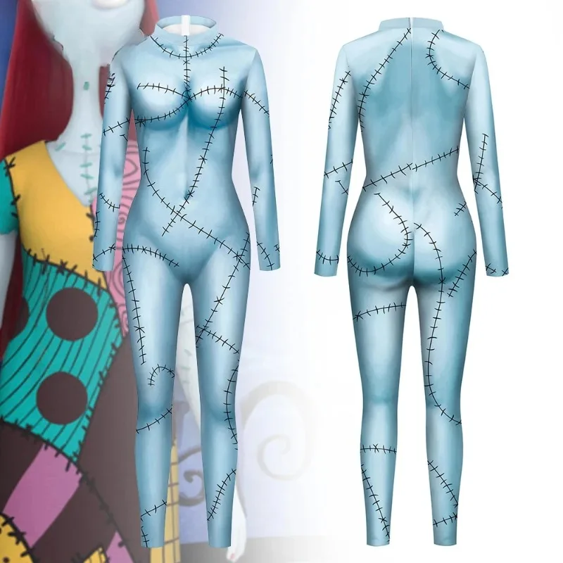 

Halloween Nightmare Cosplay Sally Costume Sexy Skinny Women Jumpsuit Wear Costume Elastic Bodysuits Rompers Performance Clothes
