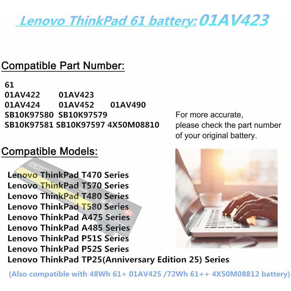 01AV423 SB10K97580 Battery for Lenovo ThinkPad T470 T480 T570 T580 A475 A485 P51S P52S Series 01AV422 SB10K97579 01AV424 01AV452