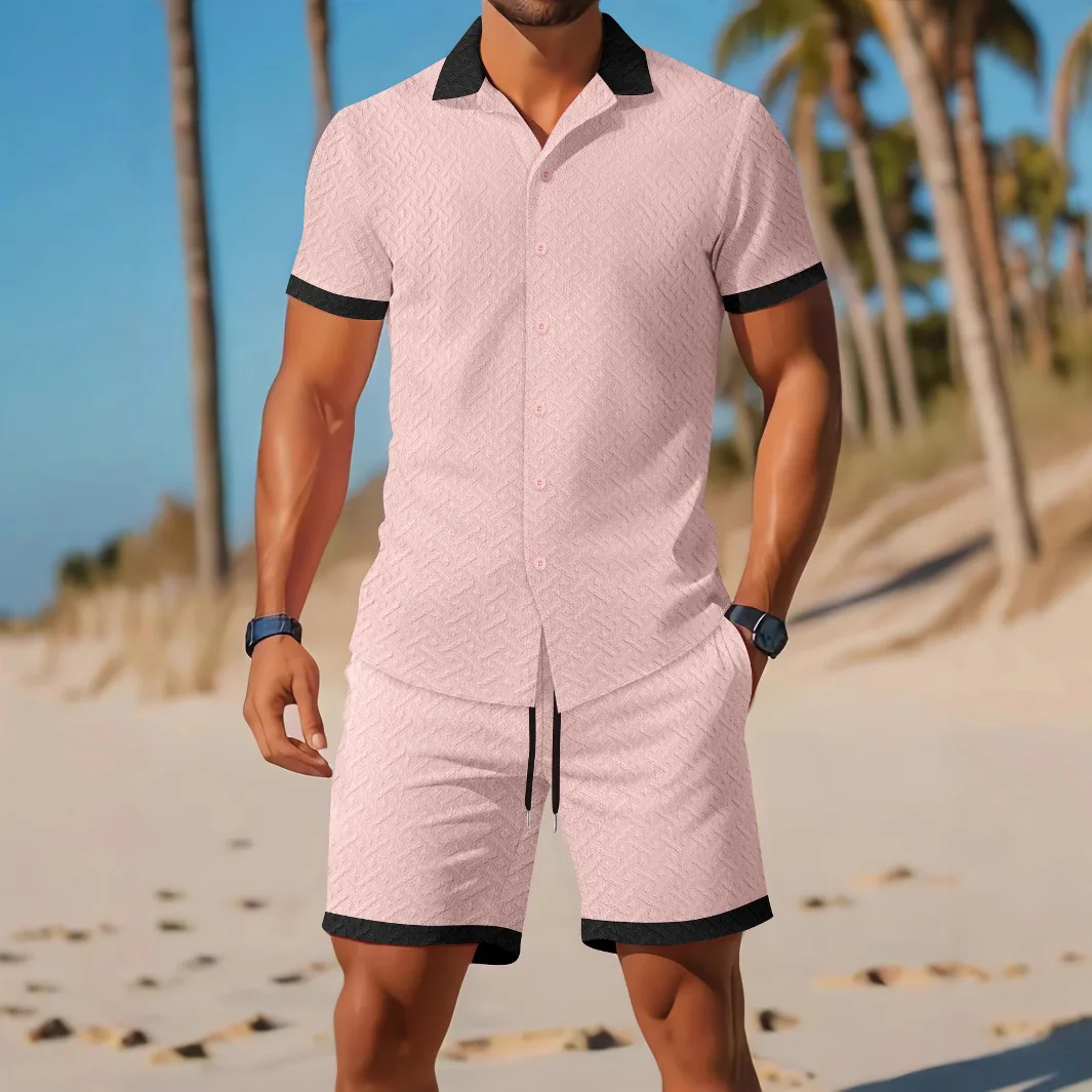 Fashion Men's Jacquard Color Matching Casual Short Sleeve Suit