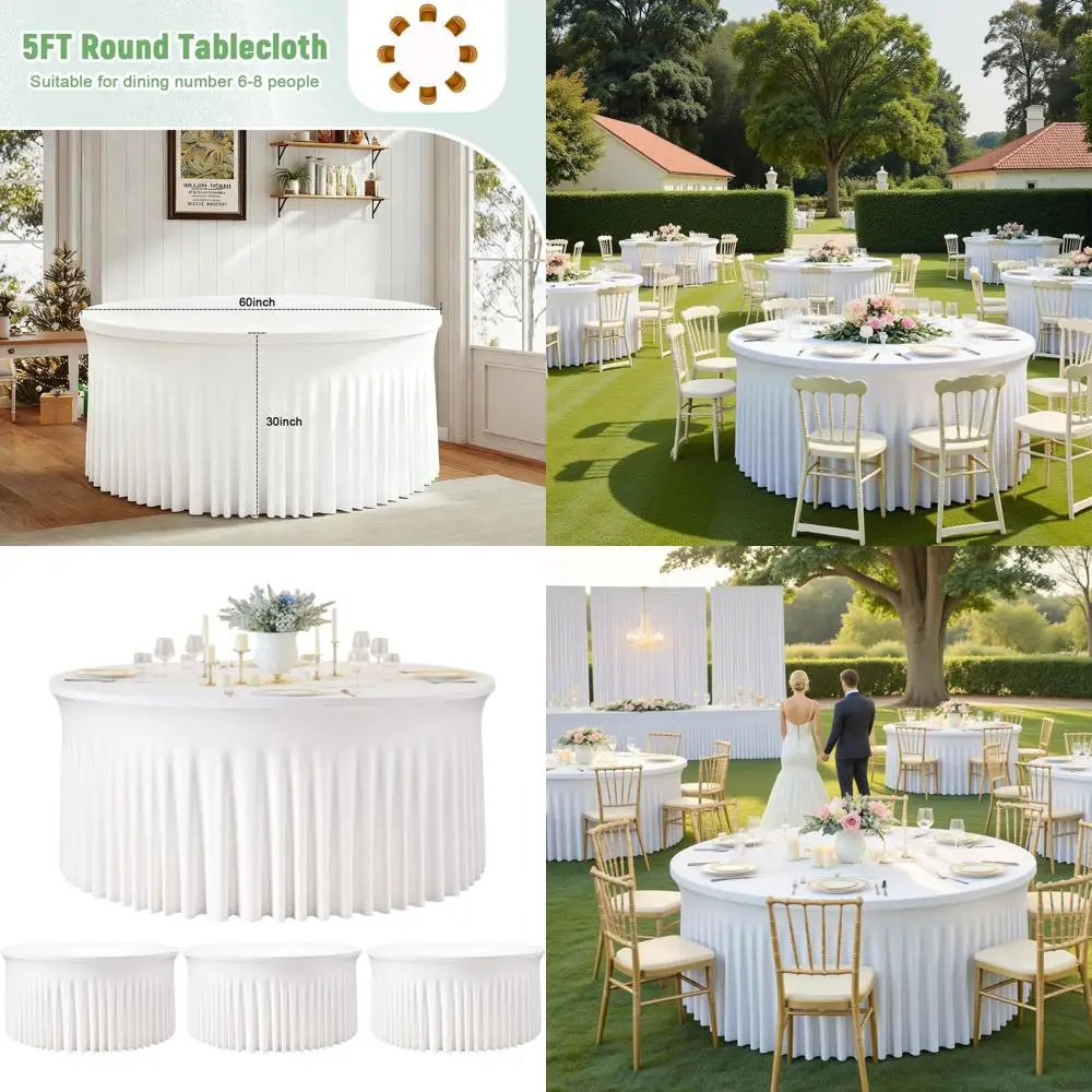 

4 Pack White Round Tablecloths, Elastic 60 Stretchy Table Cover with Skirt, Ideal for Weddings and Banquets