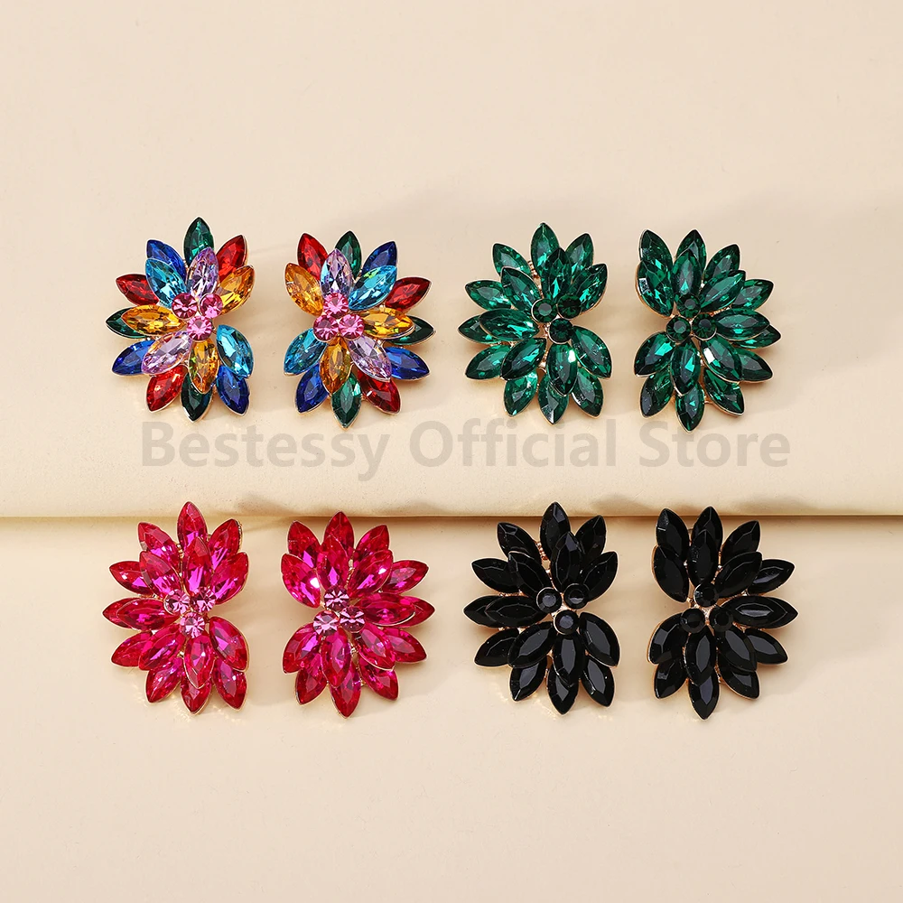 Colorful Flower Design Big Stud Earrings For Women Vintage Elegant Style Alloy Glass Fashion Luxury Jewelry Valentine Gift 2025