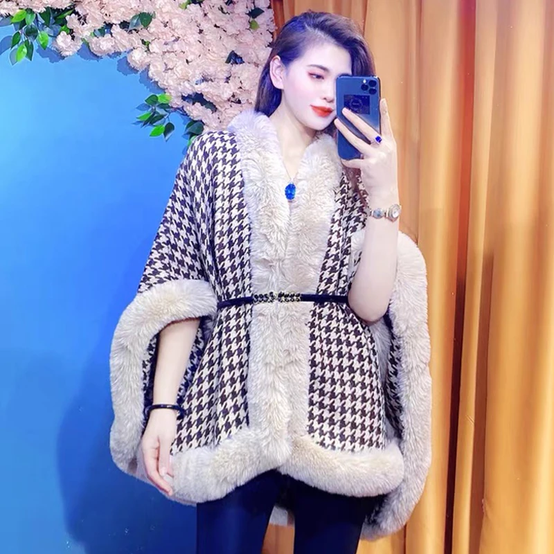 

Fashion Vintage Faux Fur Trim Houndstooth Woven Cape Coat Women Autumn Winter Thick Long Poncho Wraps Travel Party Leisure Cloak
