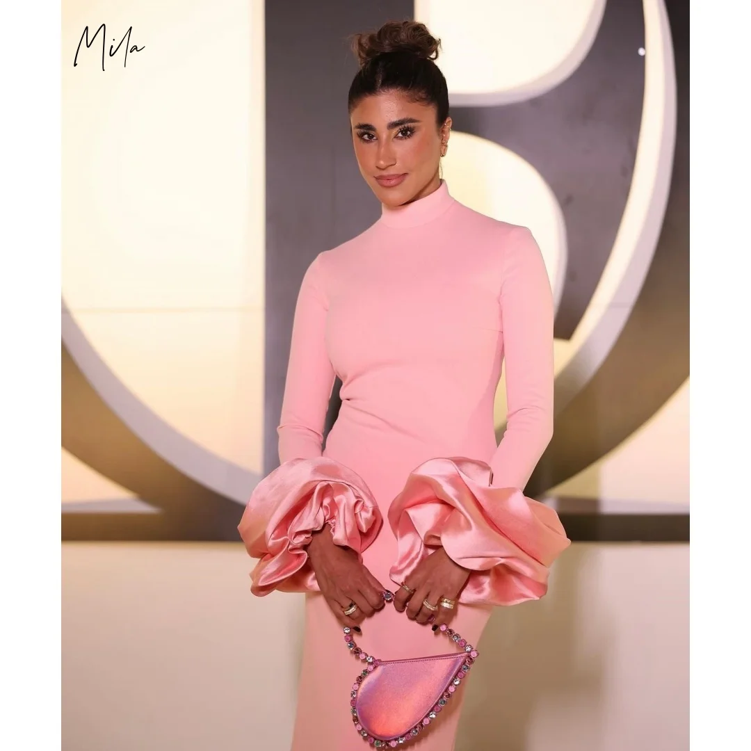 

Мила Розовые платья для выпускного вечера с длинными рукавами и высоким воротом, вечерние платья длиной до щиколотки со слегка расклешенными рукавами, платья de gala