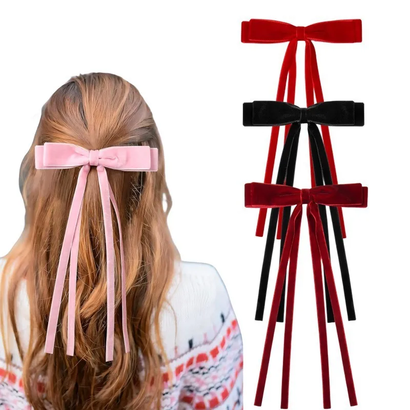 

30pc/lot 5.5" Solid Long Tails Velvet Bow Hair Clips Hairpins Women Girls Long Ribbon Hair Clip Barrette Kids Headwear Wholesale