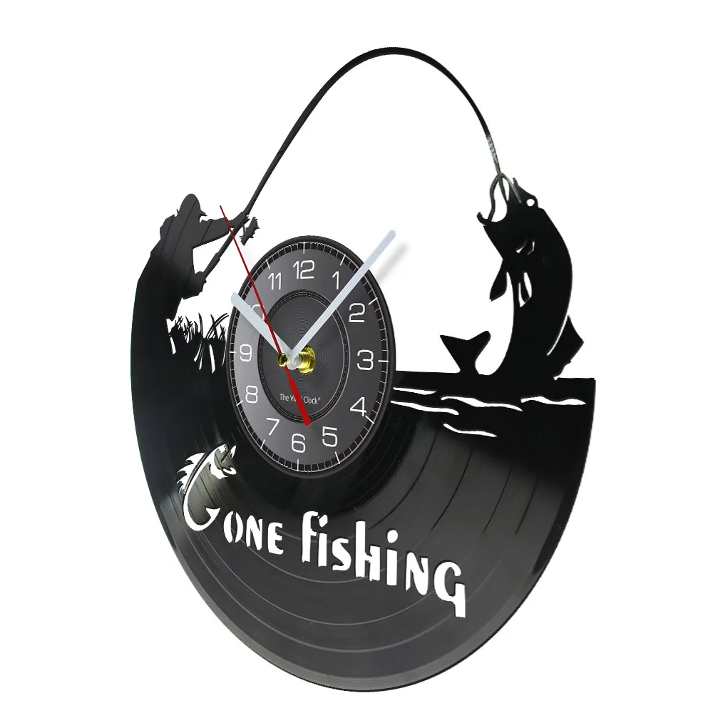 Gone Fishing Wall Art Sign Fish Rod Fisherman Wall Clock Interior Fishing Vinyl Record Wall Clock Handmade Gift For Fishermen