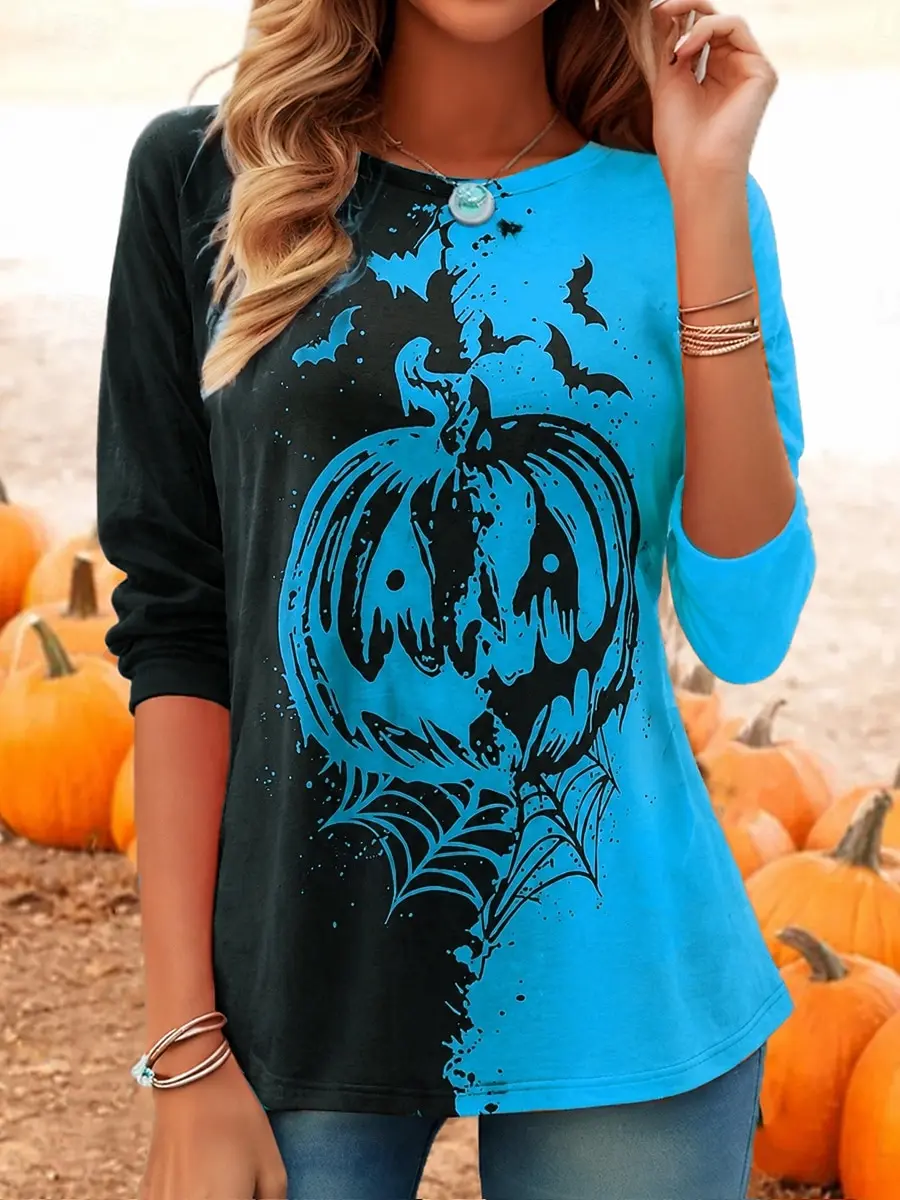 2026 New Women T-shirt Halloween Pumpkin Boo Print Long Sleeve Round Neck Streetwear Casual Top Fashion Women's Clothing view 5