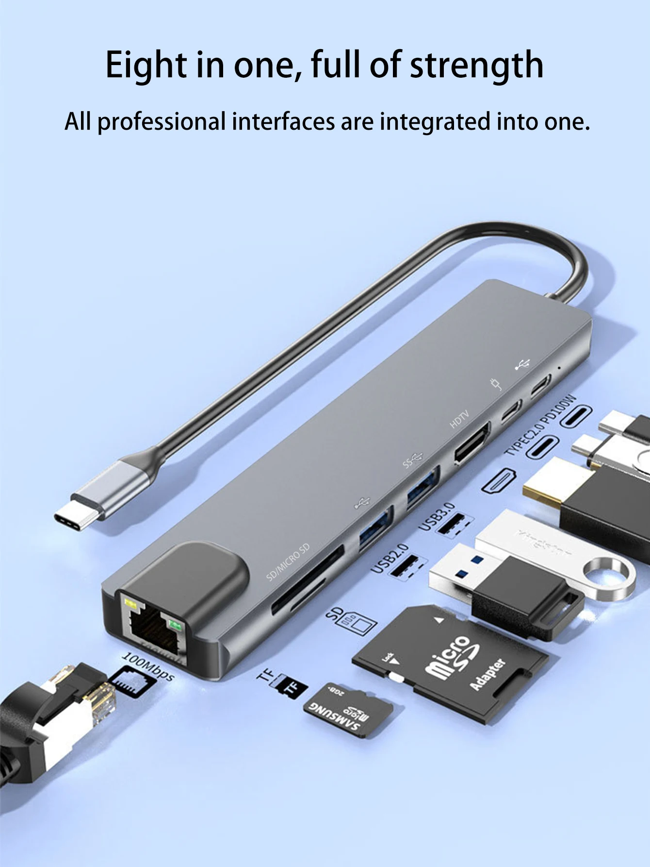 قاعدة توسيع من النوع C ، سبائك الألومنيوم ، بطاقة شبكة Megabit متعددة الوظائف ، دفتر ملاحظات ، نوع C ، 8 في 1