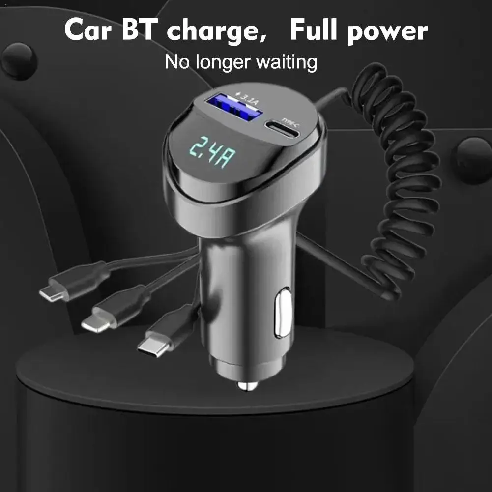 55W 2 Ports USB Fast Car Phone Charger 3.1A With Voltage Display Car Three In One USB Retractable Charging Cable