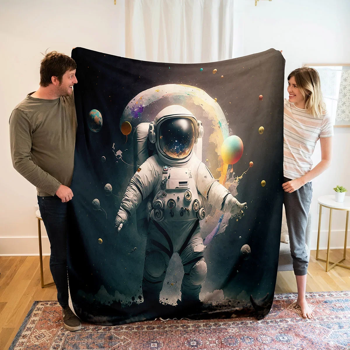 Astronaut Flannel Throw Blanket Galaxy Space Planet Pattern Blanket Lightweight Warm Super Soft for Bed Sofa Couch Travel Decor