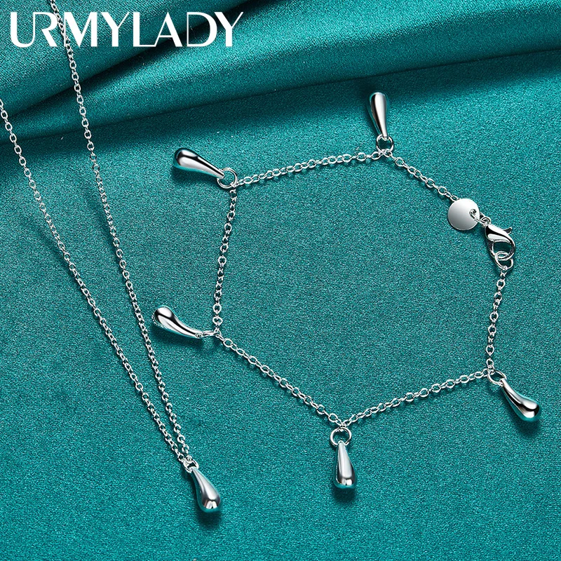 

URMYLADY 925 Sterling Silver Water Drop Pendant Necklace Bracelet Set For Women Wedding Party Fashion Charm Jewelry