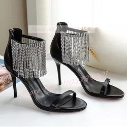 Crystals Bling Tassels Luxury Sandals Women Trendy Zipper Round Toe Patent Leather High Heels Shoes Ladies Party Sexy Sandals