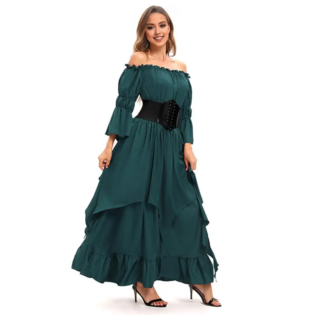 

Garment Elegant Vintage Pirate Ball Gown with Off Shoulder Bell Sleeves Irregular Hem for Halloween Renaissance Fairs Proms Maxi