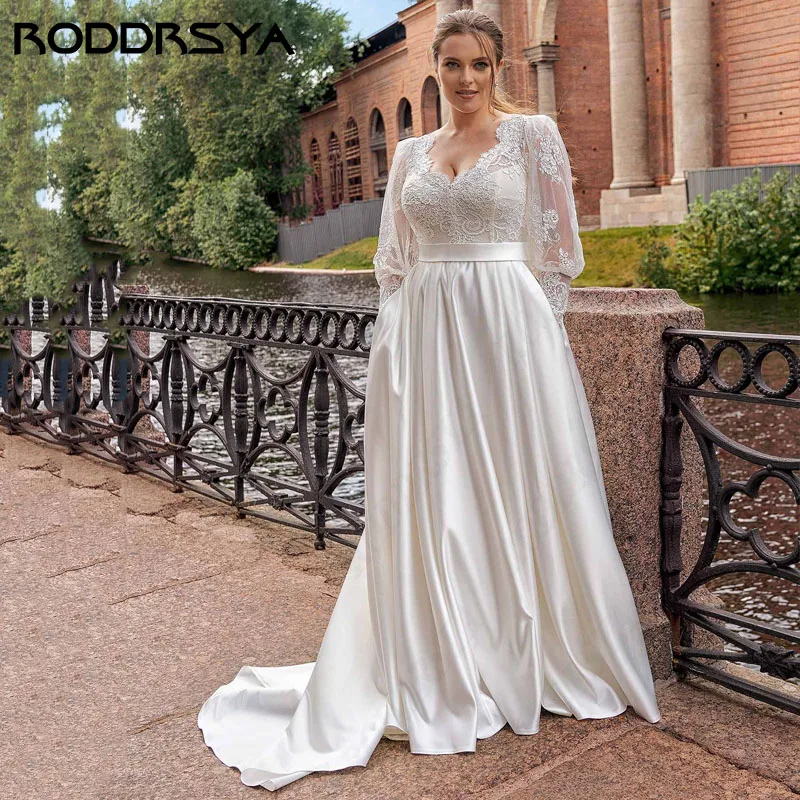 

RODDRSYA Long Lace Lantern Sleeve Wedding Dresses A-line Plus Size Bridal Party 2024 Elegant Soft Satin büyük beden gelinlik