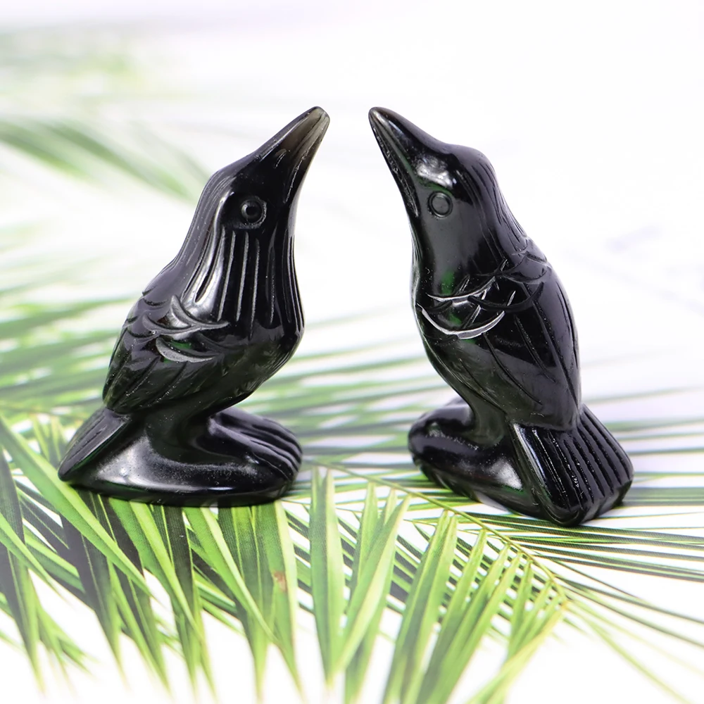 

2" Crow Staute Natural Black Obsidian Animals Figurines Healing Crystals Home Decor Gemstones Carved Bird Craft Ornaments Gift