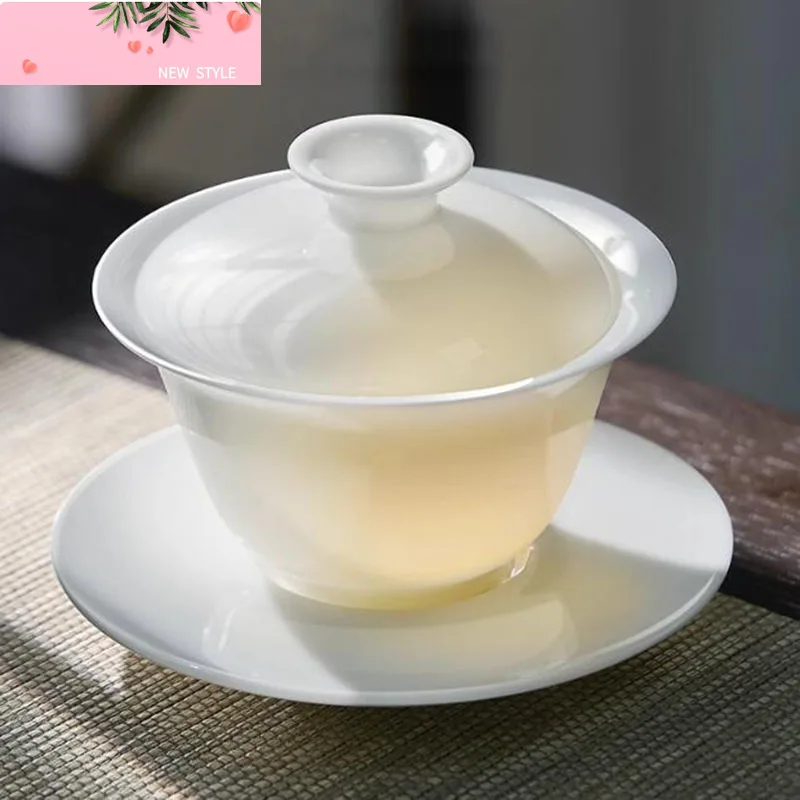 

White Jade Porcelain Sancai Gaiwan Kungfu Tea Tureen Cup Household Tea Infuser Bowl Kitchen Teaware