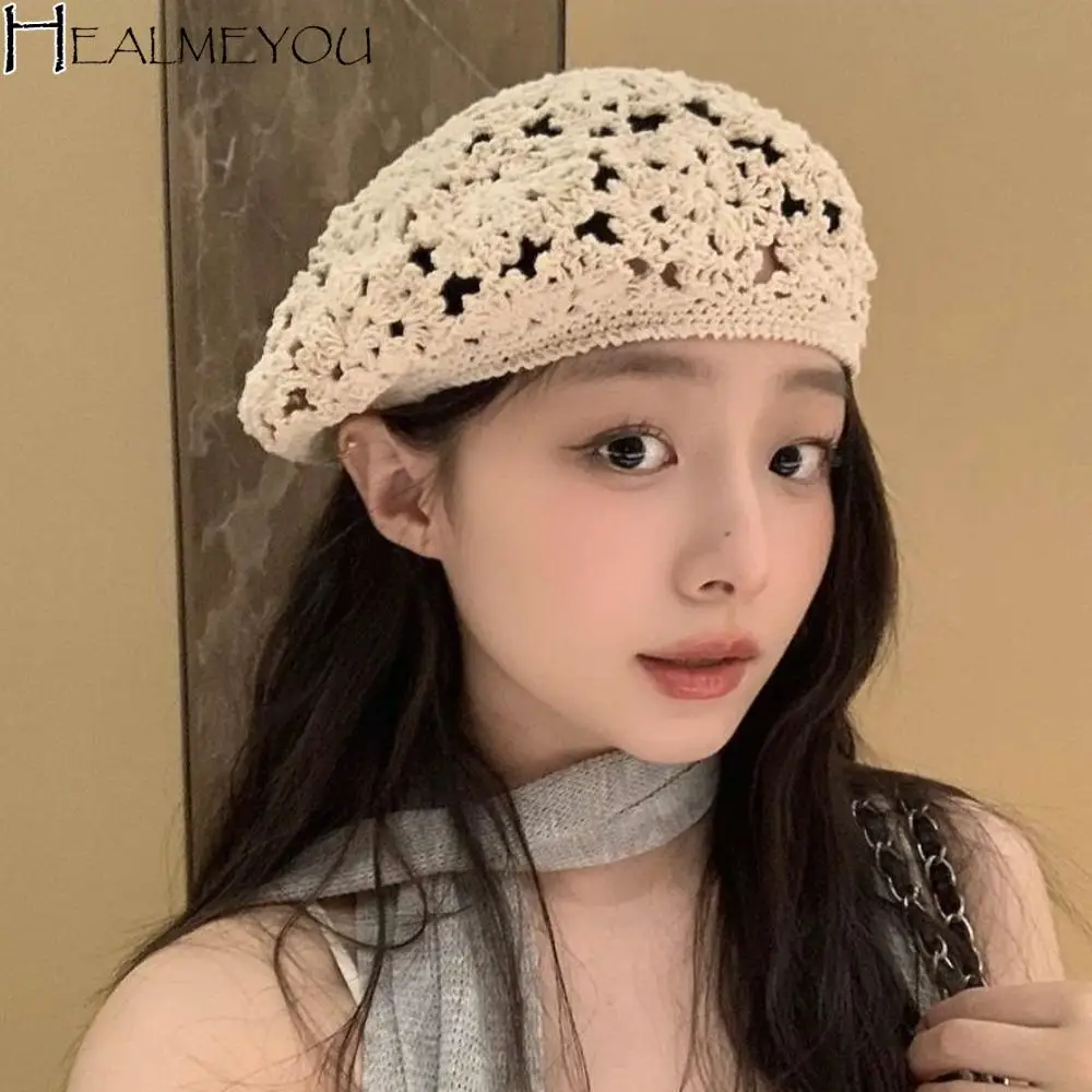 

Breathable Flower Hat Thin Big Head Circumference Hollowed Out Beret Japanese Style Headgear Crochet Knitted Cap Party
