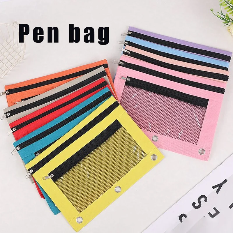 B5 Practical School Pencil Case Square Mesh Pencil Pouch Portable Three Hole Pouch Oxford Cloth Durable Binder Pocket Students