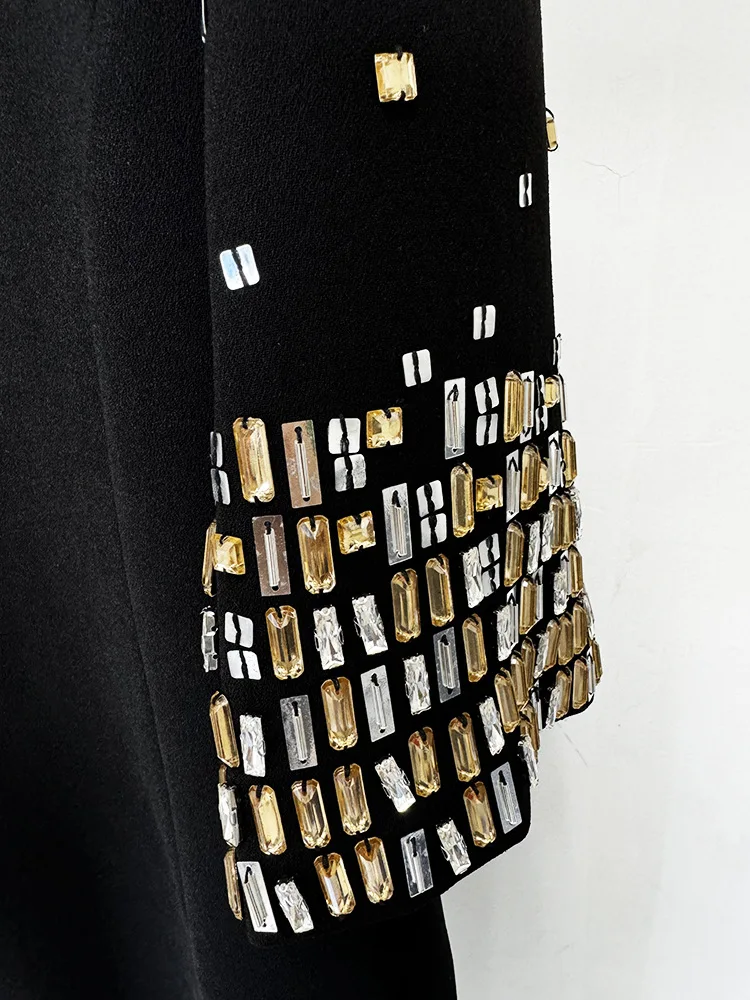 European Style Fine Workmanship Rhinestone Beading Half Sleeve O-neck Women Office Casual Wear Lady Midi Solid Dress