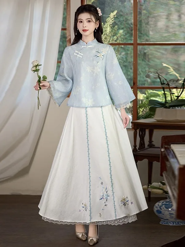 

Women's Reformed Tang Suit Hanfu Skirt Set Two-Piece Spring Summer New Style Republic of China Style Top Pants Dail...