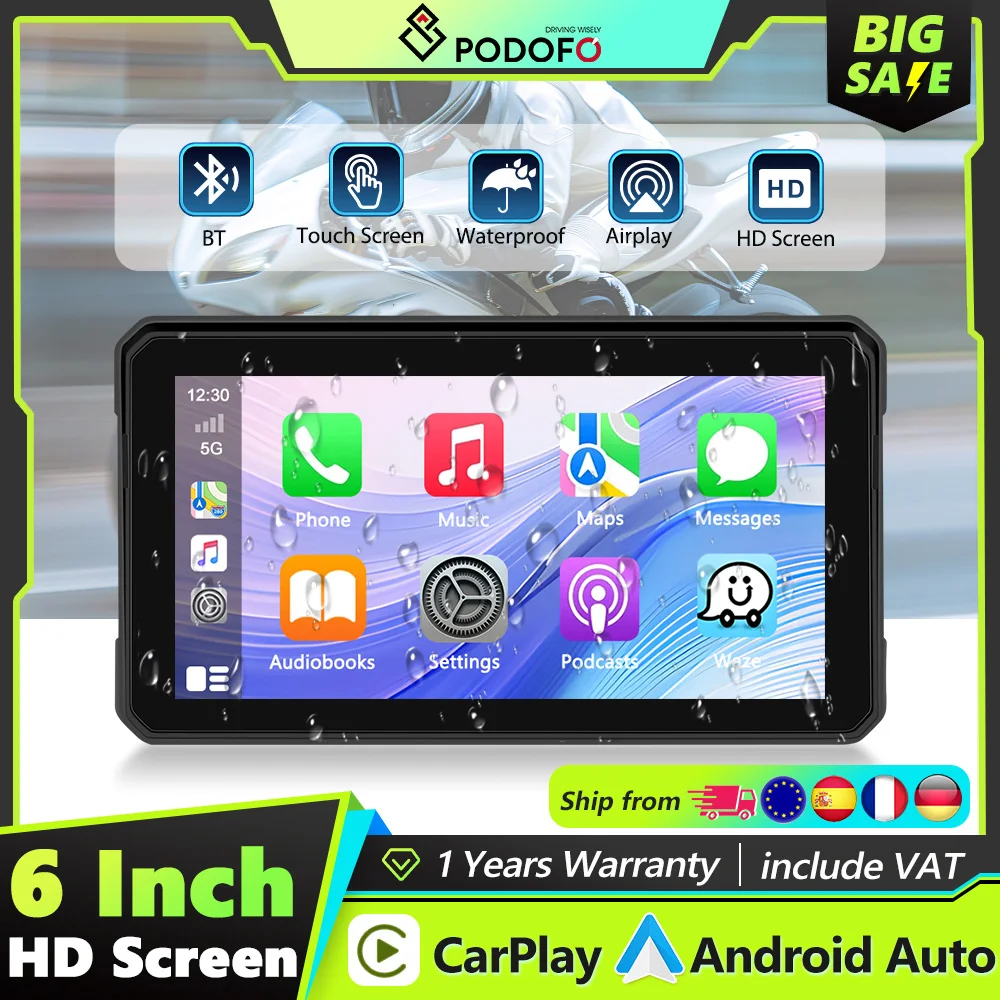 Moniteur de moto Podofo Carplay, Android Auto sans fil, Airplay, étanche IP68, moniteur portable, détection de pression des pneus (en option)