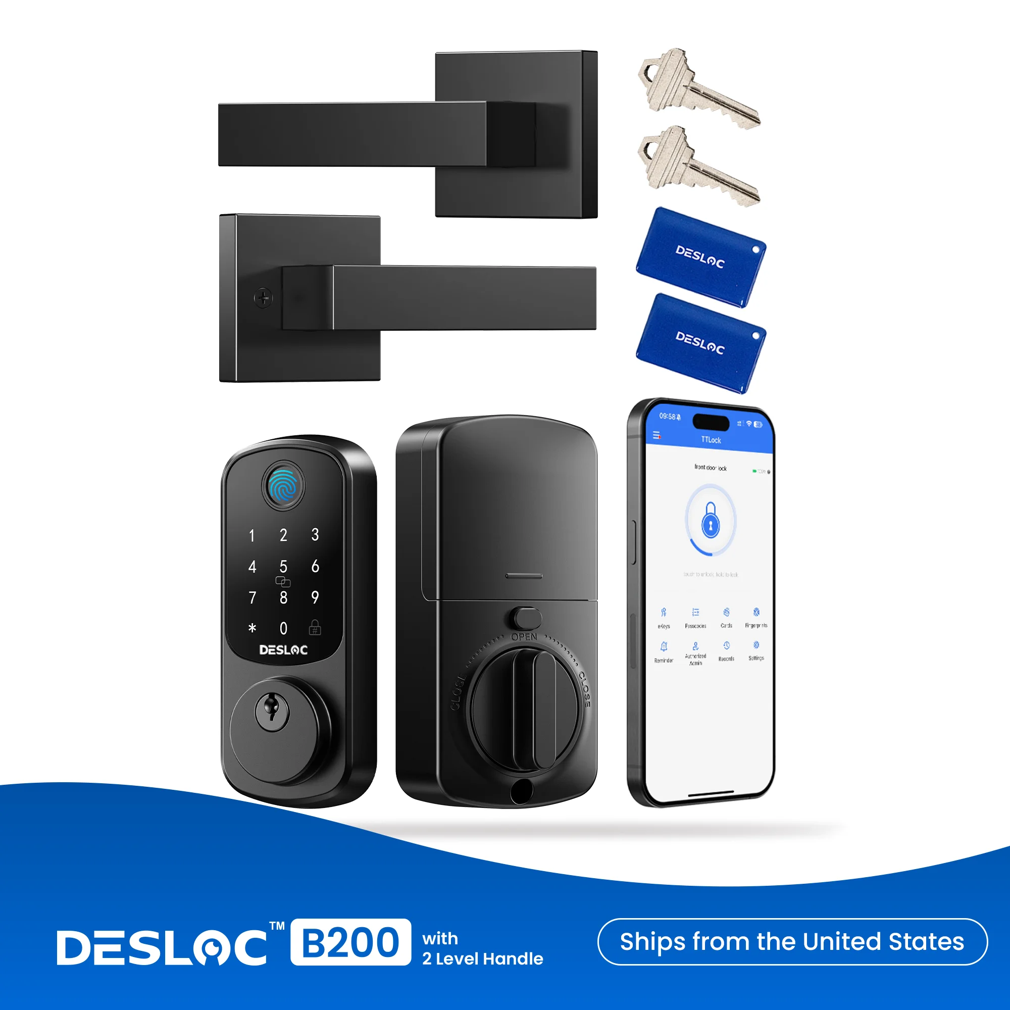 

DESLOC B200 Fingerprint Smart Door Lock with 2 Lever Handles, App Control, Smart Locks for Front Door, Deadbolt Smart Lock