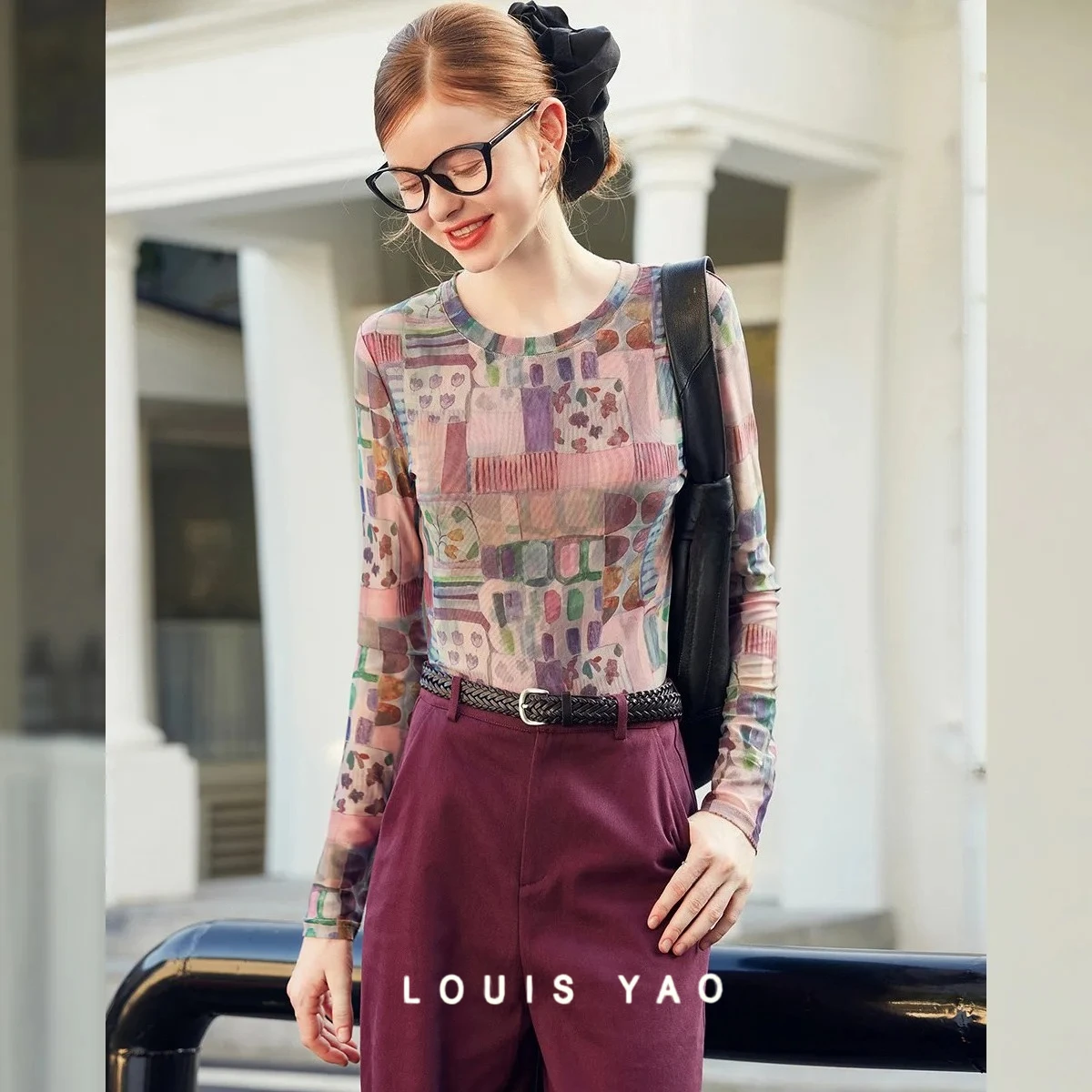 

LOUIS YAO футболки с длинными рукавами и круглым вырезом с принтом, осень 2022, слегка эластичная женская футболка контрастного цвета со стандартными плечами