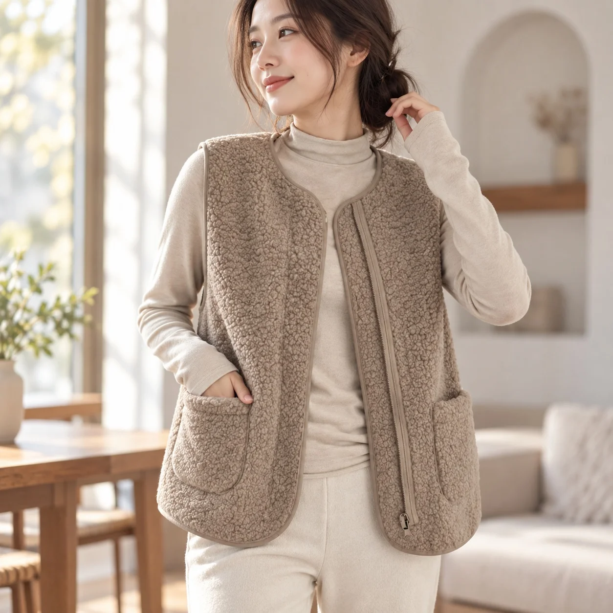 Round Neck Pocket Style Vest Regular Length Japanese Korean Casual with Regular Fit Single Row Multi Button Closure Women Vest